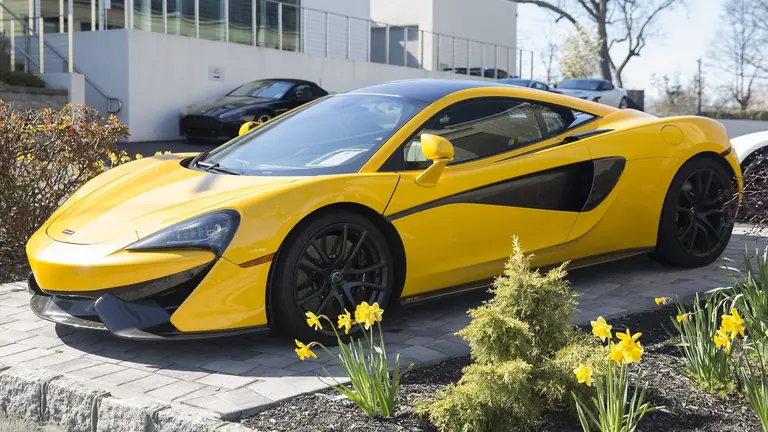 Yellow McLaren 570S coupe, front three-quarter view, parked behind a bed of daffodils